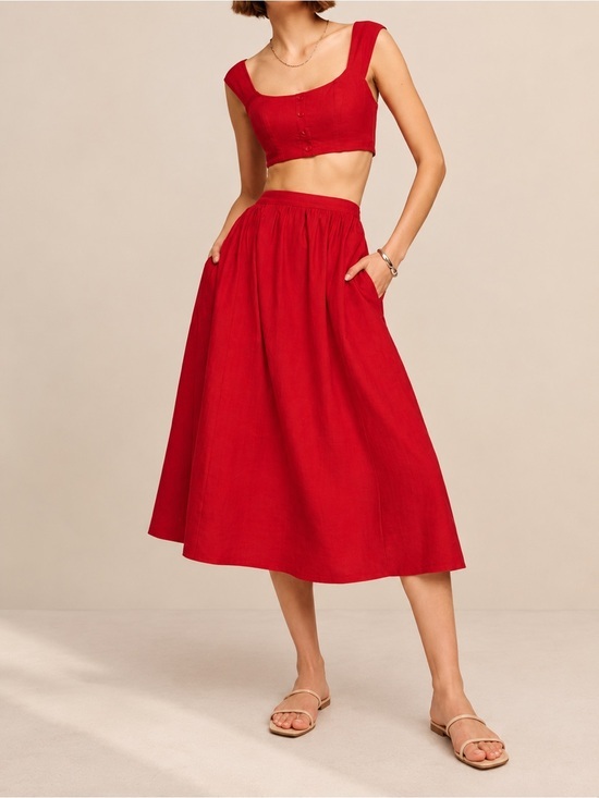 Reformation Dresses & Skirts - Reformation Teya Red Linen Two Piece Set Crop Top Midi Skirt